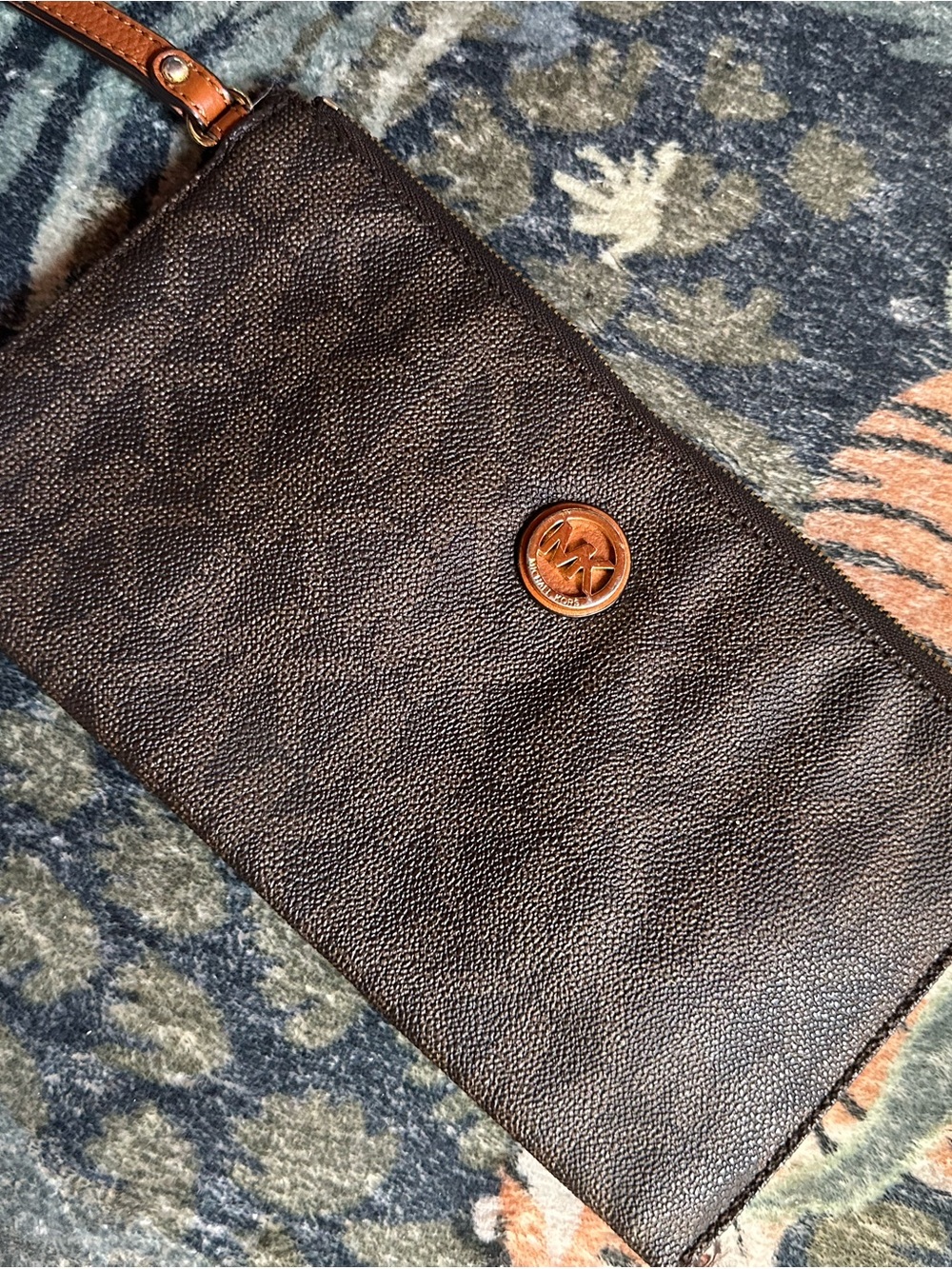 Michael Kors Dark Brown Pebbled Leather Wristlet with Tan Trim